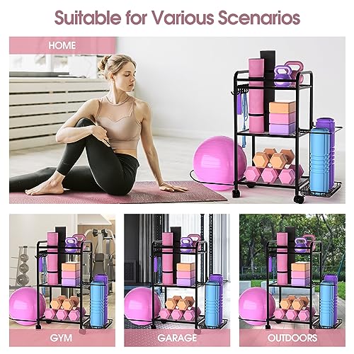 Home Gym storage Rack - Gym Equipment Storage Rack for Yoga Mat Yoga Ball Dumbbells Kettlebells Foam Roller Yoga Strap and Resistance Bands Workout Equipment Organizer