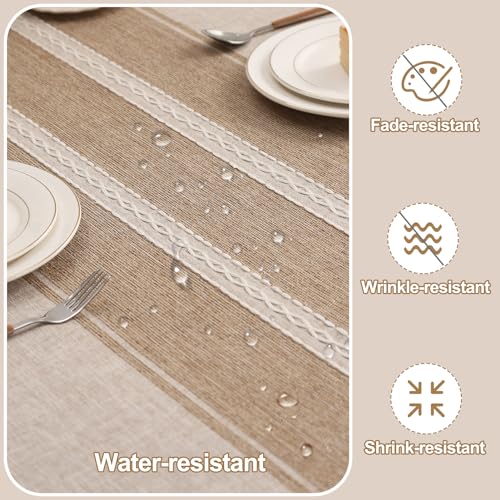 EMART Table Cloth for Rectangle Tables, Cotton Linen Waterproof Tablecloth with Tassels for Kitchen Dining Decoration, Rustic Style Tablecloth - Coffee Stripes, 55" X 70", 4-6Seats