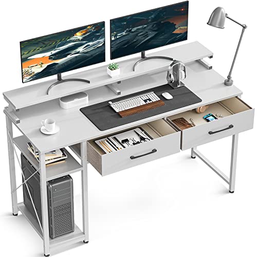 ODK Computer Desk with Drawers and Storage Shelves, 47 inch Home Office Desk with Monitor Stand, Work Study PC Desk for Small Spaces, White