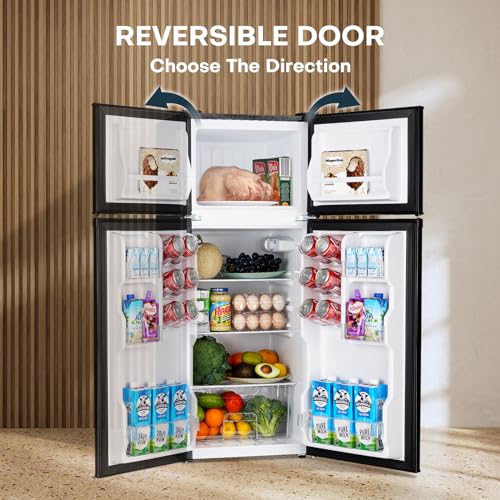 Upstreman 4.0 Cu.Ft. Mini Fridge with Freezer, Double Door, Mini Fridge for Office, Dorm, Bedroom, Adjustable Thermostat, Large Capacity, Stainless-SR401