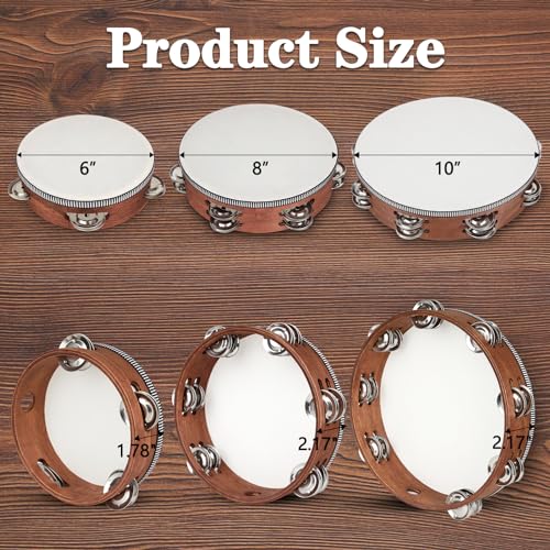 Tambourine, Tambourines for Adults, 3 PCS Wooden Hand Held Percussion Tambourine with Storage Bag, Tambourines Musical Instrument for Church, Wedding, Party, Dance, Photo Shoot(6+8+10 Inches)