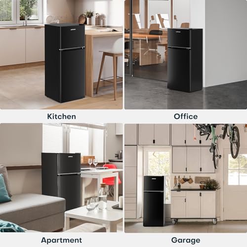 Upstreman 4.0 Cu.Ft. Mini Fridge with Freezer, Double Door, Mini Fridge for Office,Dorm, Bedroom,Adjustable Thermostat, Large Capacity,Black-BR401