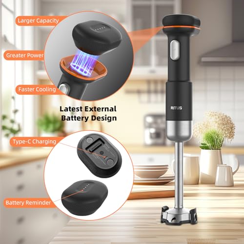 Ritus Cordless Immersion Blender, 5 in 1 Portable Hand Blender Heavy Duty Motor, Variable Speed Handheld Blender Stainless Steel Blade With 700ml Mixing Beaker, 500ml Chopper, Whisk and Milk Frother