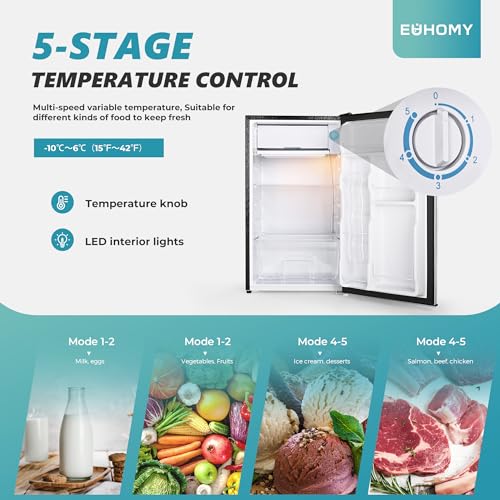 EUHOMY 3.2 Cu.Ft Mini Fridge with Freezer, Single Door Compact Refrigerator, LED light, Energy Saving, Mini Refrigerator Adjustable Thermostat, Mini fridge for Bedroom, Dorm, Office, Silver
