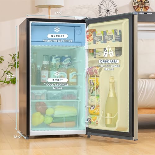 3.2 Cu. Ft Mini Fridge with Freezer for Bedroom, Dorm, Office, Compact Refrigerator with Adjustable Thermostat, Removable Glass Shelves and Reversible Door (Gold)
