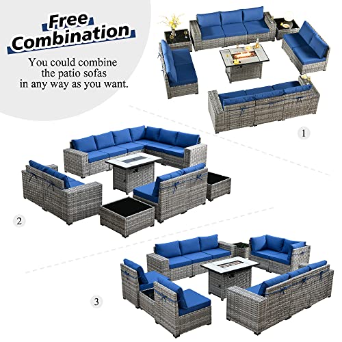 Outdoor Patio Sectional Furniture Sofa Set with Propane Fire Pit Table,13 Piece Large Modern Wicker Couch with Widened Armrest,Modular L Shaped Conversation Seating Set(Navy Blue)