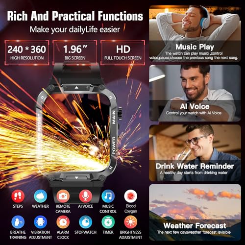 Military Smart Watch for Men 1.96 Inches Outdoor Sports Smartwatch with Answer/Make Call,Fitness Watch,Blood Oxygen,Heart Rate and Sleep Monitor Compatible with iPhone and Android Phones