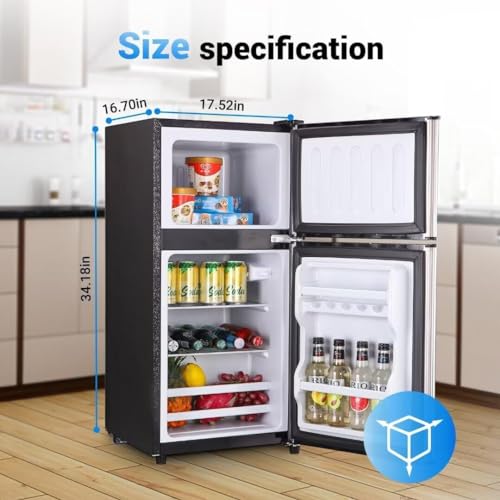 3.5 Cu.Ft Mini Fridge with Freezer, Double Door Mini Fridger with 7 Level Adjustable Thermostat, Mini Refrigerator with interior LED light, Perfect for Dorm, Office, Bedroom＆RV, Silver