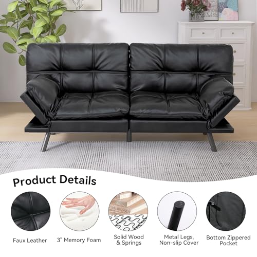 Convertible Futon Sofa Bed Couch,Memory Foam Futon Couch Bed,Loveseat Sleeper Sofa Bed,Small Splitback Faux Leather Modern Sofa Couch for Living Room,Office,Apartment,Matte Black