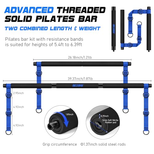 Pilates Bar Kit with Resistance Bands for Working Out, 210lbs Heavy Resistance Bands with Handles, Pilates Equipment with Resistance Band Bar for Men Women, Home Gym Full Body Workout Equipment