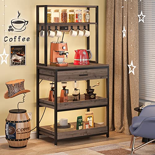 Tribesigns Bakers Rack with Power Outlets, 5-Tier Kitchen Storage Shelf, Microwave Oven Stand with Drawer, 65”H Coffee Bar Table, Kitchen Rack with Sliding Shelves and 6 Hooks, Grey