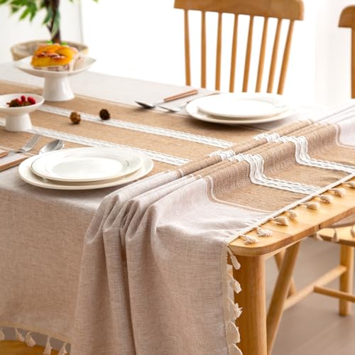 EMART Table Cloth for Rectangle Tables, Cotton Linen Waterproof Tablecloth with Tassels for Kitchen Dining Decoration, Rustic Style Tablecloth - Coffee Stripes, 55" X 70", 4-6Seats