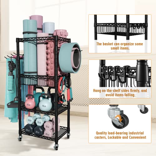 Home Gym Storage, 3 Tiers Workout Equipment Organizer with Wheels for Yoga Mats, Foam Roller, Dumbbells, Kettlebells, and Resistance Bands