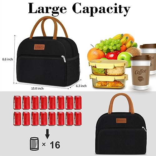 Lunch Bag Women, Lunch Box Lunch Bag for Women Adult Men, Small Leakproof Cute Lunch Tote Large Capacity Reusable Insulated Cooler Lunch Container for Work/Office/Picnic/Travel-Black