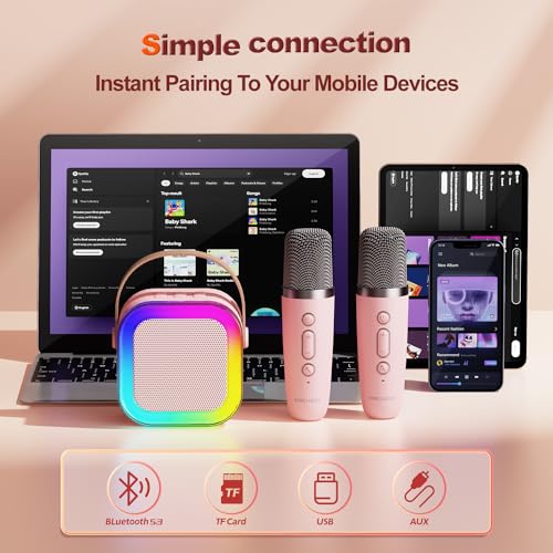Mini Karaoke Machine for Kids Gifts Adults (Cute Little & Portable) Bluetooth Speaker with Wireless Microphone (Sound Loud) Birthday Gifts for Girls 3-12 Years Old Toddler Toys - Pink