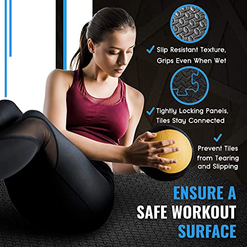Rubber Tiles Workout Flooring Puzzle Exercise Mat with 18 Squares Interlocking Foam Gym Mats 12'' x 12'' EVA Protective Mats for Heavy Equipment