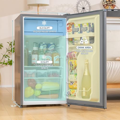 3.2 Cu. Ft Mini Fridge with Freezer for Bedroom, Dorm, Office, Compact Refrigerator with Adjustable Thermostat, Removable Glass Shelves and Reversible Door (Silver)
