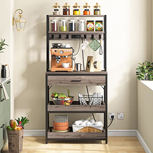 Tribesigns Bakers Rack with Power Outlets, 5-Tier Kitchen Storage Shelf, Microwave Oven Stand with Drawer, 65”H Coffee Bar Table, Kitchen Rack with Sliding Shelves and 6 Hooks, Grey