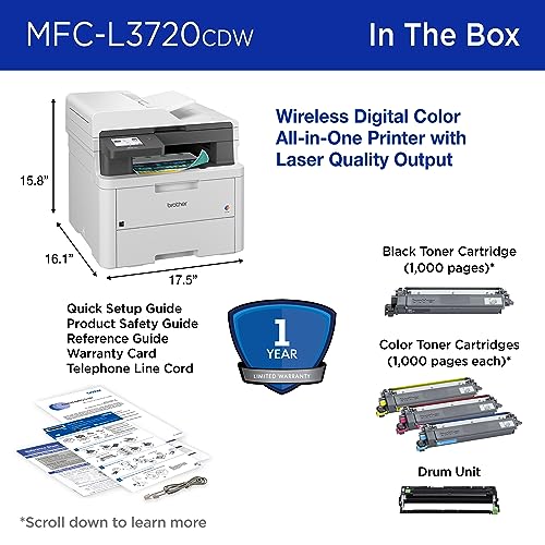 Brother MFC-L3720CDW Wireless Digital Color All-in-One Printer with Laser Quality Output, Copy, Scan, Fax, Duplex, Mobile Includes 4 Month Refresh Subscription Trial ¹ Amazon Dash Replenishment Ready
