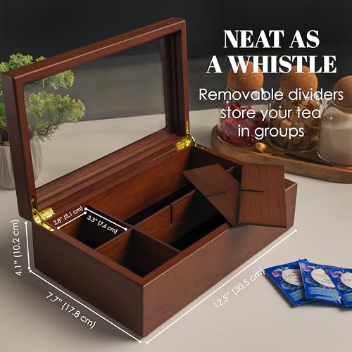 Tea Box - Luxury Wooden Tea Bag Organizer from The Apace Premier Collection - 8 Compartment Tea Storage Chest Container - Elegantly Handmade w/Scratch Resistant Window