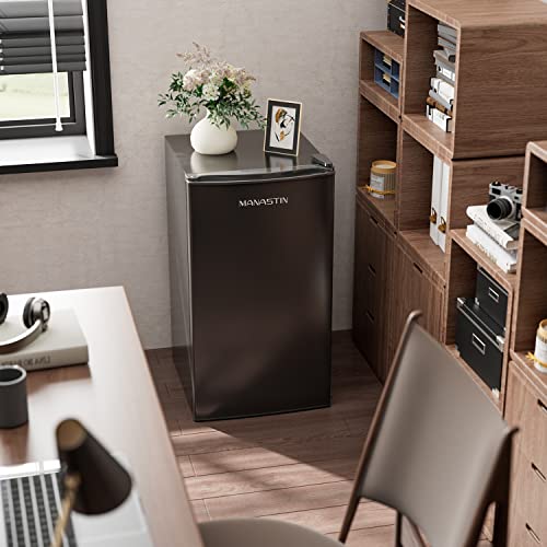3.2 Cu. Ft Mini Fridge with Freezer for Bedroom, Dorm, Office, Compact Refrigerator with Adjustable Thermostat, Removable Glass Shelves and Reversible Door (Black)