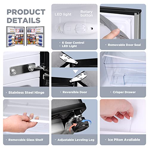 Mini Fridge with Freezer, 3.0 Cu.Ft Mini Refrigerator with 2 Doors, Compact Small Refrigerator for Dorm, Bedroom, Office, Energy Saving, 37 dB Low Noise, Silver