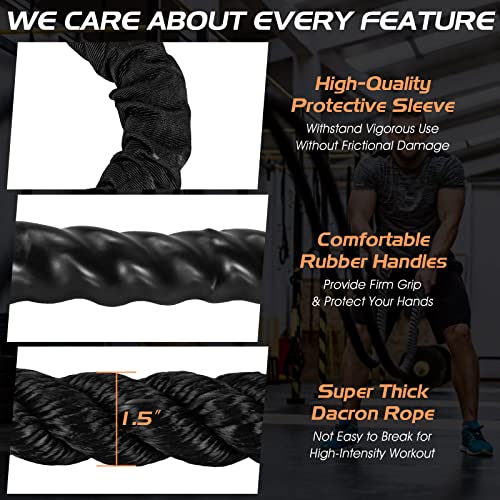 Battle Ropes with Steel Anchor Kit,Heavy Battle Exercise Ropes with Protective Sleeve,1.5in Diameter 30/40/50ft Lengths Polyester Fitness Rope,Full Body Workout Equipment for Home Gym