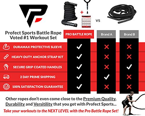 Pro Battle Ropes with Anchor Strap Kit and Exercise Poster – Upgraded Durable Protective Sleeve – 100% Poly Dacron Heavy Battle Rope for Strength Training, Cardio, CrossFit, Exercise Rope