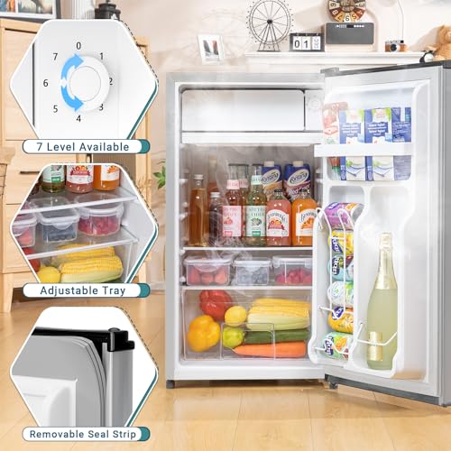 3.2 Cu. Ft Mini Fridge with Freezer for Bedroom, Dorm, Office, Compact Refrigerator with Adjustable Thermostat, Removable Glass Shelves and Reversible Door (Silver)