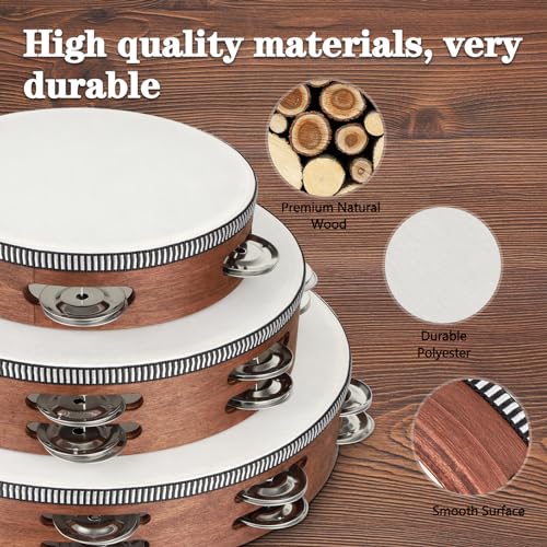 Tambourine, Tambourines for Adults, 3 PCS Wooden Hand Held Percussion Tambourine with Storage Bag, Tambourines Musical Instrument for Church, Wedding, Party, Dance, Photo Shoot(6+8+10 Inches)