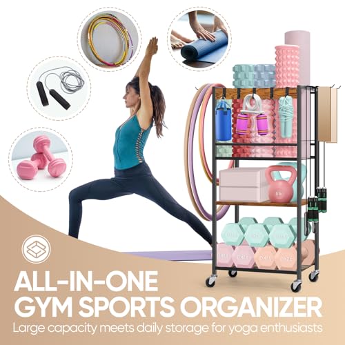HEOMU Yoga Mat Storage Rack, Home Gym Storage Rack for Dumbbells Kettlebells, Gym Organizer Gym Equipment Storage Cart with Wheels and Hooks, Black