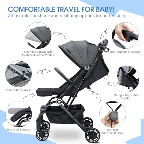 Lightweight Baby Stroller, Compact Travel Stroller with Cup Holder & Sleep Shade, Oversize Basket, One Hand Easy Foldable Stroller for Airplane Travel and More