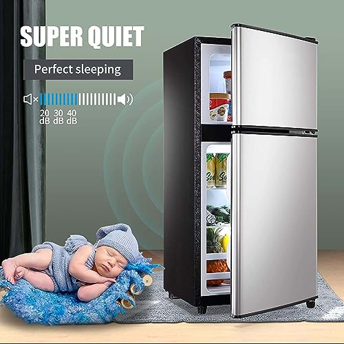 Two Door Mini Fridge with Freezer 3.4 cu.Ft, 7 Level Adjustable Thermostat for Dorm, Office, Bedroom, Apartment - Silver