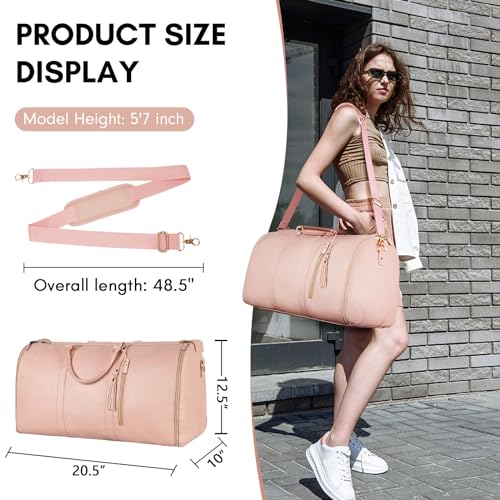 Ytonet Carry On Garment Bag, Large PU Leather Duffle Bag for Women, Waterproof Garment Bags for Travel with Shoe Pouch, 2 in 1 Hanging Suitcase Suit Travel Bags, Gifts for Women, Pink