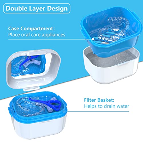 BVN Denture Case Denture Cup for Soaking Dentures Retainer Cleaner Case with Mirror Mouth Guard Case False Teeth Container White Blue