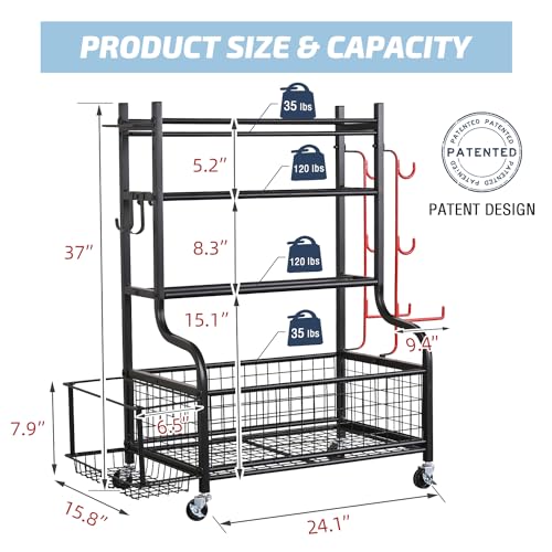 PLKOW Dumbbell Rack, Weight Rack for Dumbbells, Home Gym Storage for Dumbbells Kettlebells Yoga Mat and Balls, All in One Workout Storage with Wheels and Hooks, Powder Coated Finish Steel