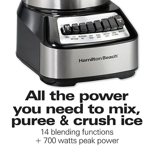 Hamilton Beach Wave Crusher Blender For Shakes and Smoothies With 40 Oz Glass Jar and 14 Functions, Ice Sabre Blades & 700 Watts for Consistently Smooth Results, Black + Stainless Steel (54221)