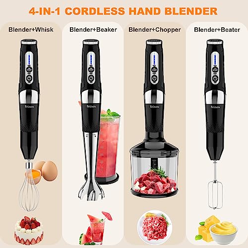 Cordless Hand Blender: 4-in-1 USB Rechargeable Immersion Blender, 21 Variable Speeds & 3-Angle Adjustable with 700ml Chopper, 700ml Beaker, Egg Whisk and Beater for Smoothies, Soup, Baby Food (Black)