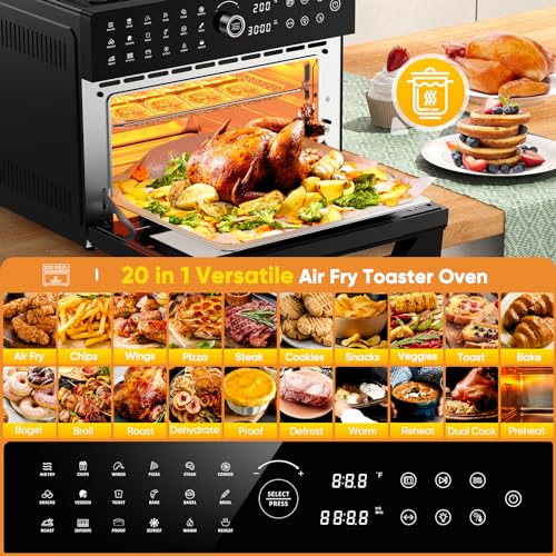 32QT Extra Large Air Fryer, Toaster Oven Air Fryer Combo, 360°Hot Air Circulation for Healthier Food, 1800W Preset Dual Cook, 13"Pizza Cooking, 20-in-1 Double-Rack Oven, 7-Accessory, Transparent Door