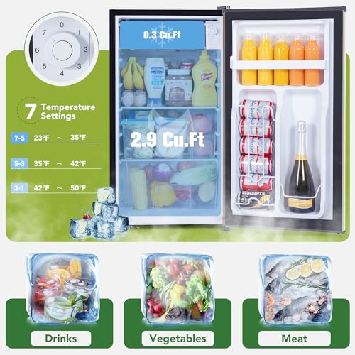 3.2 Cu.Ft Mini Fridge with Freezer, Mini Fridge for Bedroom Office Dorm, Small Refrigerator Fridge with Reversible Door, Low Noise, Energy Saving, Champagne