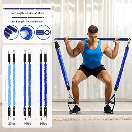Hommie Portable Pilates Bar Kit with Resistance Bands for Men and Women，Upgraded 3 Section Pilates Bar with Resistance Bands (20-60lb) for Home Gym Equipment Supports Full-Body
