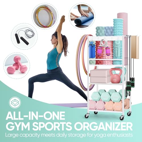 HEOMU Yoga Mat Storage Rack, Home Gym Storage Rack for Dumbbells Kettlebells, Gym Organizer Gym Equipment Storage Cart with Wheels and Hooks, Black