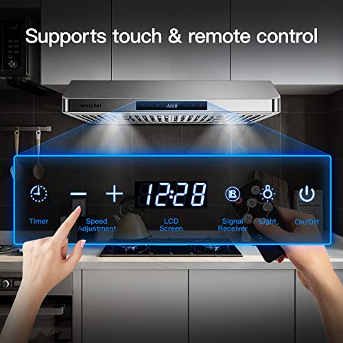 AMZCHEF Under Cabinet Range Hood 30 Inch, 700CFM Stainless Steel Kitchen Stove Vent Hood 3 Speed Exhaust Fan Touch/Remote Control LED lights Time Setting Dishwasher-Safe Baffle Filters