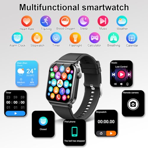 Smart Watch for Men Women, 1.85" Smartwatch (Answer/Make Call), IP68 Waterproof Fitness Tracker, 100+ Sport Modes, Heart Rate Monitor, Sleep Monitor, Pedometer, Smartwatches for Android iOS, Black