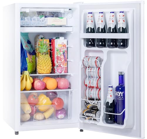 3.2 Cu.Ft Mini Fridge for Bedroom Office Dorm, Small Refrigerator with Freezer, Compact Fridge with Adjustable Thermostat, Low Noise, Energy Saving, White