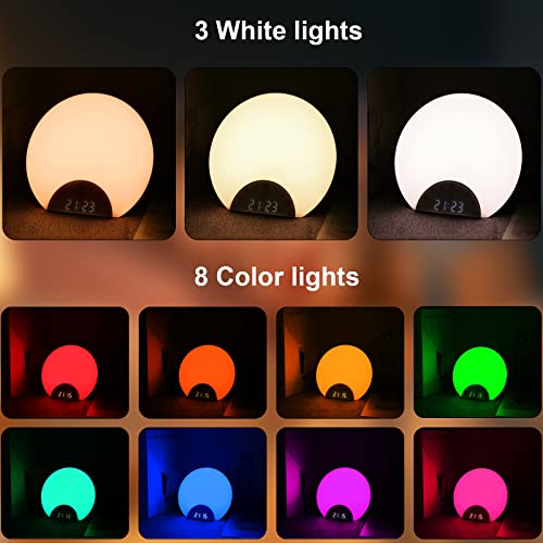 Sunrise Alarm Clock Wake Up Light for Kids, Adults, Heavy Sleepers with Dual Alarms, Snooze, Sleep Aid with 7 Nature Sounds for Bedrooms with 8 Colors Night light, FM Radio, Gift Ideas