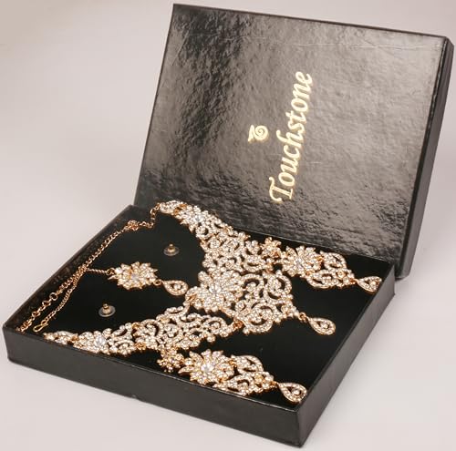 Touchstone Indian jewelry sets for women bollywood wedding bridal necklace desi earrings formal fancy rhinestone India designer jewellery punjabi tikka set in antique gold or silver or white tone