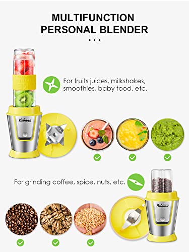 Personal Blender with 2 x 20oz Travel Bottle and Coffee/Spices Jar, Portable Smoothie Blender and Coffee Grinder in One, 500W Single Serve Blender for Shakes and Smoothies, BPA free(Yellow)