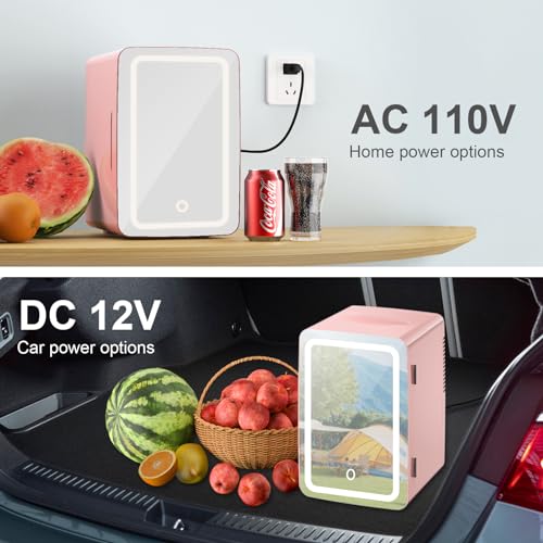 PERSONAL CHILLER 6.2L Skincare Fridge with LED Makeup Mirror, Mini Fridge Cooler and Warmer, Portable Fridge for Makeup, Skincare, Snacks, Bedroom Vanity (Pink)