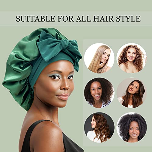 Satin Silk Hair Bonnet for Sleeping Large Bonnets with Tie Band Hair Wrap with Adjustable Straps Hair Cap Night Sleep Caps for Women Curly Braid Hair Hunter Green